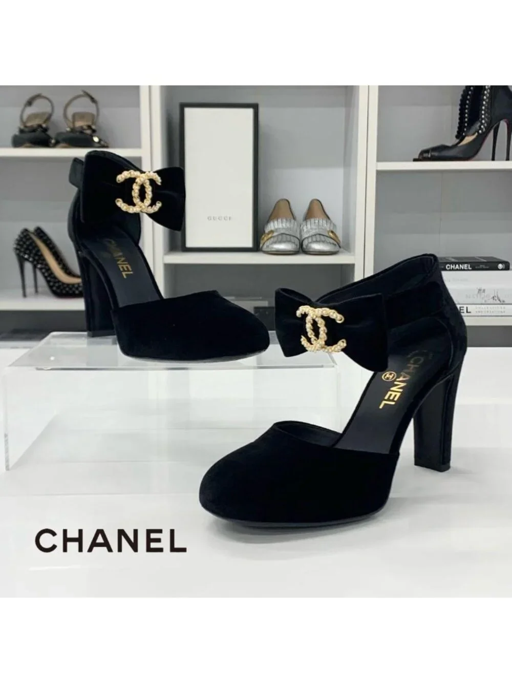 Chanel CC Logo Ribbon Velour Pearl Velcro Strap Pumps Heel